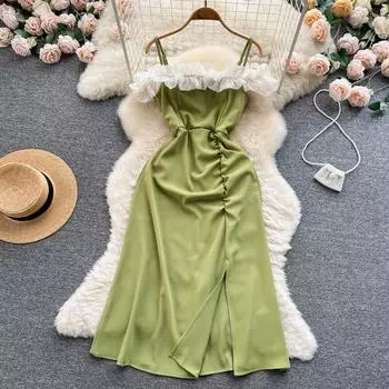 Французское сексуальное платье-карандаш с открытыми плечами для женщин, летние новые модные кружевные платья без рукавов с разрезом, клубные вечерние платья M чёрный