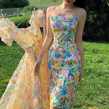 Французское сексуальное шифоновое платье с открытой спиной и цветочным принтом, облегающая юбка с весенним темпераментом S