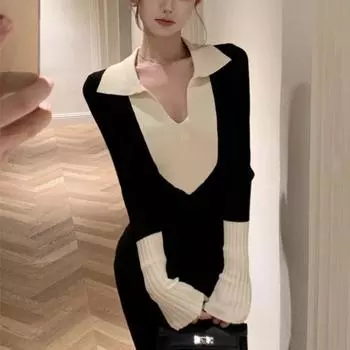 Французское сексуальное вязаное цельное платье, женское элегантное платье Y2k с v-образным вырезом, тонкие миди-платья, женское корейское модное шикарное праздничное платье-свитер, новинка 2024 года S чёрный