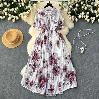 Французское шифоновое платье, женское платье с цветочным принтом, кружевным воротником и бантом, с коротким рукавом, женские платья, летние платья трапециевидной формы One Size чёрный