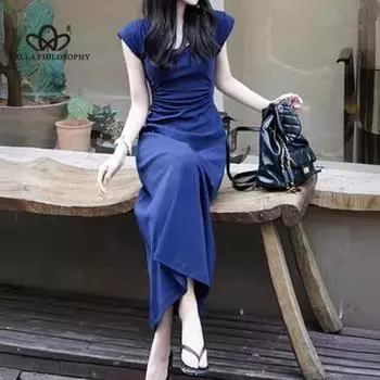 Французское синее платье для похудения с маленькой нишей премиум-класса, утягивающее платье, детское лето 2024, новое платье, праздничное платье S темно-синий