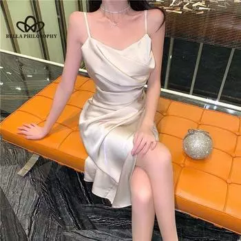 Французское синее платье на бретельках, атласное тонкое элегантное женское летнее элегантное повседневное длинное платье с разрезом, пляжное праздничное платье S синий