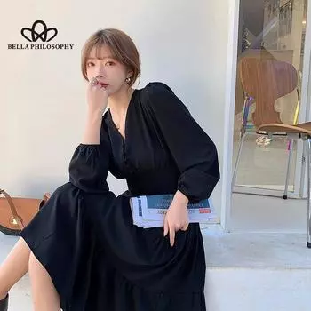 Французское сплошное цветное женское повседневное длинное вечернее платье с v-образным вырезом и длинными рукавами S чёрный