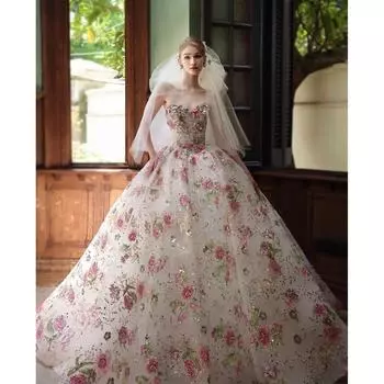 Французское свадебное платье невесты 2025 высококачественная текстура вышитый цветок мужская юбка тяжелая промышленность бюстье свадебное платье S