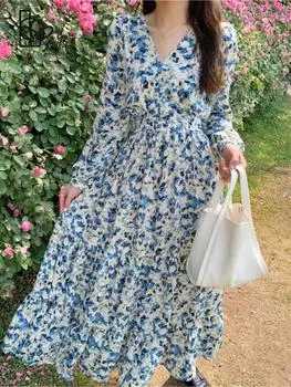 Французское тонкое платье с длинным рукавом, весенне-осеннее длинное платье с талией, супер фея, платье с цветочным принтом в стиле Мори, винтажное длинное платье M синий