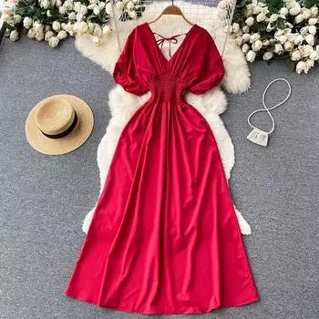 Французское тонкое платье с пышными рукавами на талии, летнее женское высококачественное красное шикарное длинное платье с открытой спиной One Size чёрный