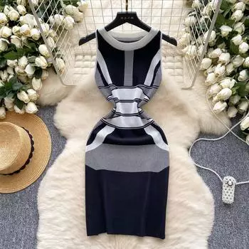 Французское трикотажное платье для пожилых женщин с круглым вырезом без рукавов, облегающее платье-сарафан в стиле пэчворк, шикарное платье OL Midi One Size чёрный