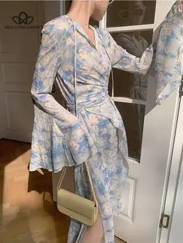 Французское винтажное элегантное платье миди с цветочным принтом, офисное женское пляжное модное повседневное тонкое платье, женское даже праздничное платье, корейское лето S синий