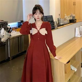 Французское винтажное элегантное платье, женское вечернее кружевное черное платье миди с длинным рукавом Y2k, осенне-зимнее платье S красный