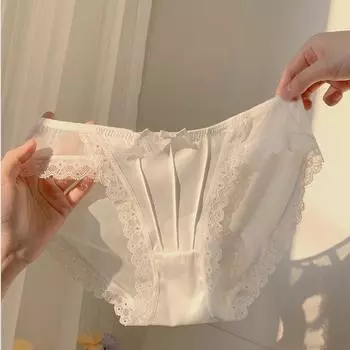 Французское винтажное атласное белое кружевное нижнее белье Pure Desire для женщин, сексуальное сетчатое легкое нижнее белье с низкой талией для девочек, треугольные штаны L белый