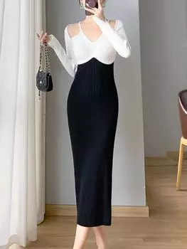 Французское винтажное хип-хоп трикотажное длинное платье женское осенне-зимнее элегантное тонкое платье-свитер для вечеринок корейская модная дизайнерская повседневная одежда S чёрный/белый