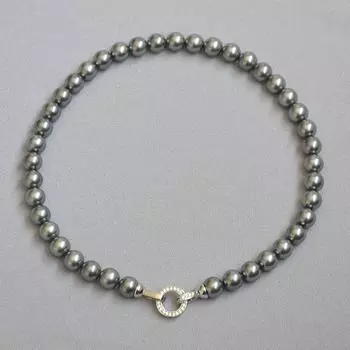 Французское винтажное идеально круглое ожерелье с круглой пряжкой из таитянского мокко с бриллиантами и цирконами на ключичной цепочке