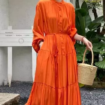 Французское винтажное макси-платье для женщин с воротником-стойкой и рукавами-фонариками на шнуровке, женские элегантные платья А-силуэта, весна-осень One Size оранжевый