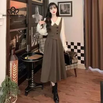 Французское винтажное платье из двух частей с длинными рукавами и вышивкой, женское элегантное длинное платье с кукольным воротником на весну и осень S коричневый