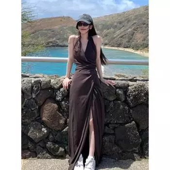 Французское винтажное платье миди с v-образным вырезом, женская повседневная одежда в пляжном стиле, летнее элегантное цельное платье в стиле ретро, корейское модное шикарное платье XS кофейный