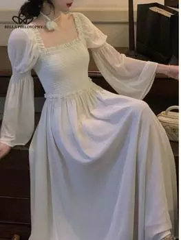 Французское винтажное платье миди, женское повседневное вечернее платье с длинным рукавом, элегантное синее весеннее пляжное цельное платье, корейская мода S розовый