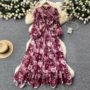 Французское винтажное платье с рюшами и асимметричным рукавом-фонариком с круглым вырезом, повседневное женское модное осеннее отпускное платье One Size синий