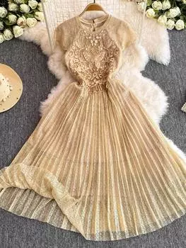 Французское винтажное роскошное вышитое платье для женщин, облегающее свадебное вечернее платье, женское кружевное плиссированное элегантное бальное платье в стиле ретро S шампанского