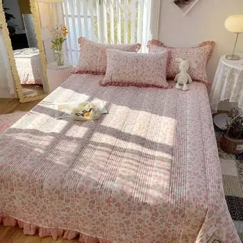 Французское винтажное стеганое хлопковое покрывало, двойное покрывало 230x250 см с цветочным принтом и оборками, мягкая простыня с 2 подушками, 3 шт. 230x250cm 90x98inch
