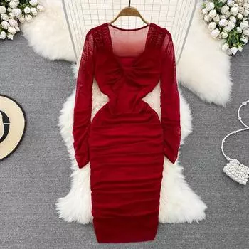 Французское винтажное светское темпераментное платье с V-образным вырезом, изломом и заклинанием, с талией, тонким складным платьем с запахом и бедрами