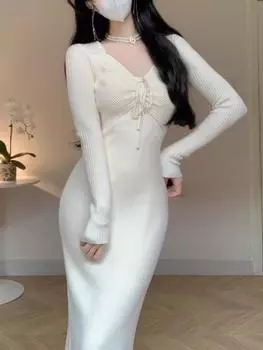 Французское винтажное трикотажное цельное платье, осеннее, нежное, на шнуровке, элегантное, богиня, веер, облегающий свитер, повседневные длинные платья, одежда для вечеринок S чёрный