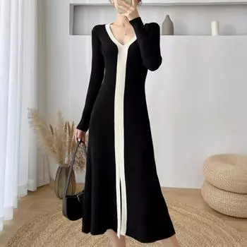 Французское винтажное трикотажное платье женское осень-зима новая корейская версия мода длинный дизайн Sense черный белый контраст повседневные платья S чёрный