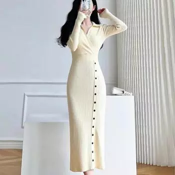 Французское винтажное вязаное платье-свитер поло, женское осенне-зимнее однотонное платье-свитер средней длины с длинными рукавами, женский пуловер One Size красный