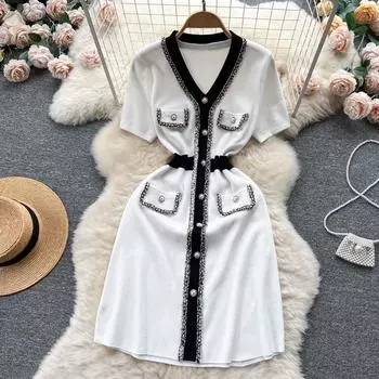 Французское винтажное вязаное платье-свитер с v-образным вырезом и короткими рукавами, женское новое модное летнее облегающее повседневное трикотажное платье знаменитостей One Size белый