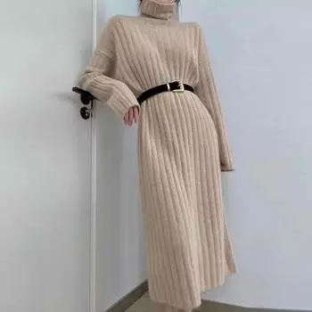Французское вязаное платье, женское осенне-зимнее шерстяное платье средней длины с высоким воротником, женское однотонное платье-свитер с длинными рукавами, женские топы One Size хаки