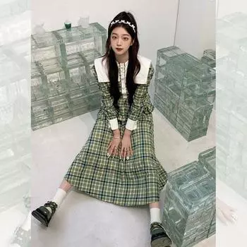 Французское зеленое клетчатое платье с длинными рукавами, женское весенне-осеннее модное повседневное вечернее платье S