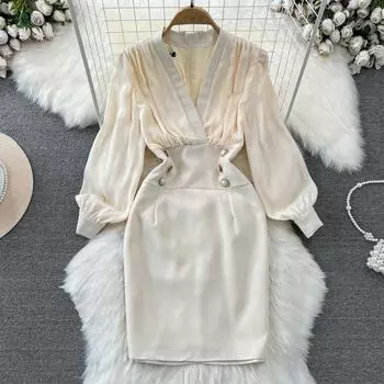 Французское женское офисное платье OL, профессиональное платье-футляр с пузырьками для женщин, официальное рабочее платье с v-образным вырезом на талии, облегающее короткое платье с запахом S чёрный