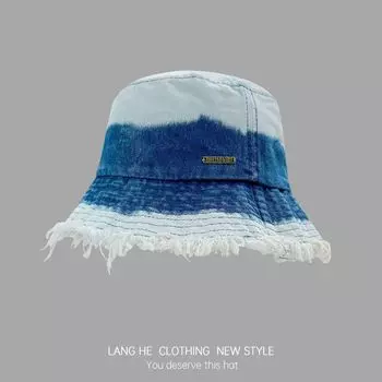 Frayed Edges Color Block Denim Bucket Hat Female Letters Sewed Label Washed Autumn Show Face Small Hat Autumn and Winter Leisure Basin Hat Dark Blue M(56-58cm)