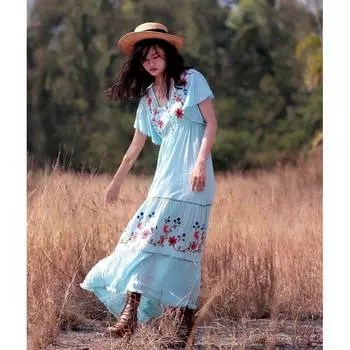 Free Spot Goods European and American Tassel Dress Holiday Embroidery Light Blue S