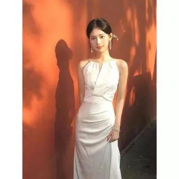 French Acetate Satin Dress Female Summer Elegant Fancy Birthday Little Dress White License Evening Long Dress Beige S