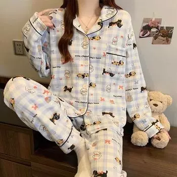 French Aesthetic Cartoon Letter Dog Print Women s Pajamas Set Plaid Button Cute Fashion Sleepwear Casual Nightwear M