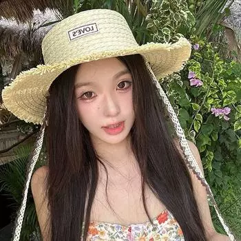 French atmosphere, coffee color, flat-top Lafite straw hat, summer seaside photo, big-brimmed straw woven rough edge beach hat M56-58cm бежевый