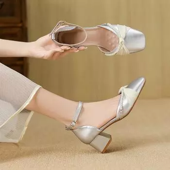 French bag head sandals one-word buckle thick heel single shoes fairy style with skirt bridesmaid shoes light mouth hollow women s shoes 34 серебряный