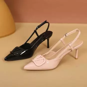 French bag head sandals women s summer 2025 new pointed empty single shoes nude temperament high heels 34 чёрный