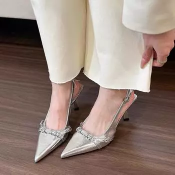 French bag head, shallow mouth, high-heeled sandals, women s 2024 spring new models, empty thin heels, temperament, socialite pointed single shoes, 34 серебряный