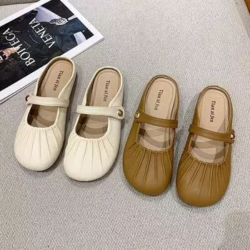French Baotou Fashion Versatile Half Slippers Soft Bottom Fairy Wind Wear with Skirt Mary Jane Cool Slippers 35 хаки