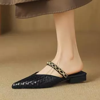 French Baotou Half Slippers Women 2024 Summer Sandalias De Mujer Metal Chain Vintage Weaving Flat Sandals Feminina Zapatos 35 чёрный