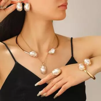 French Baroque Special-Shaped Pearl Jewelry Set Women s Premium Necklace Earrings Ring Hand