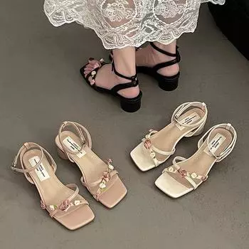 French beautiful sandals woman 2025 summer new fairy style flower square head thick heel Roman sandals beach shoes woman 35 чёрный