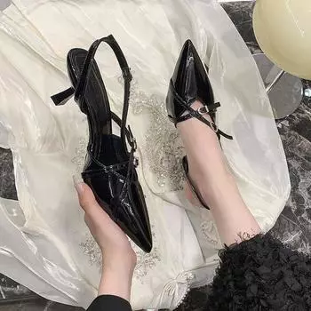 French beige pointed middle heel sandals women s spring and summer 2024 new bag head rear empty sandals 35 чёрный