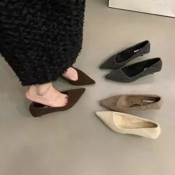 French black high heels pointed single shoes women s shoes 2024 new autumn and winter outer wear plush commuter fluffy shoes 35 серый