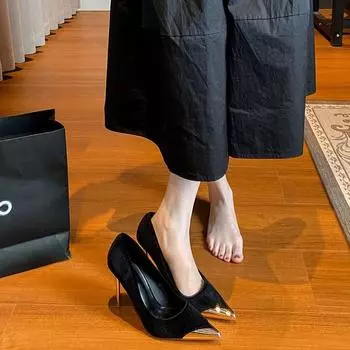 French black suede high heels women s thin heels 2025 new autumn and winter temperament imperial sister shallow mouth pointed professional single sh 35