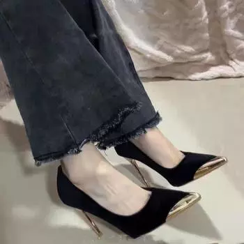 French black suede high heels women s thin heels 2025 new autumn and winter temperament imperial sister shallow mouth pointed professional sin 35