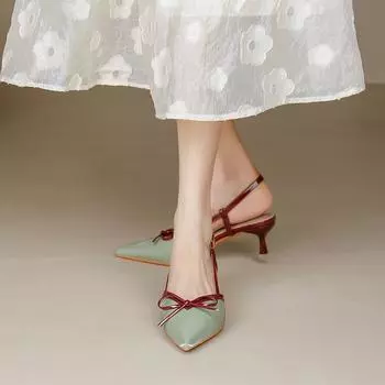 French bow bag head sandals women s summer new one-word with empty high heels fashion thin heel pointed single shoes 34