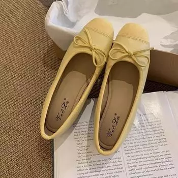 French bow shallow mouth Mary Jane women s shoes 2025 new Xiaoxiangfeng one-pedal flat ballet shoes 35 абрикосовый
