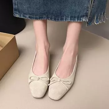 French bow square head Mary Jane single shoes women s 2025 new retro versatile one-pedal light mouth commuter shoes 35 бежевый